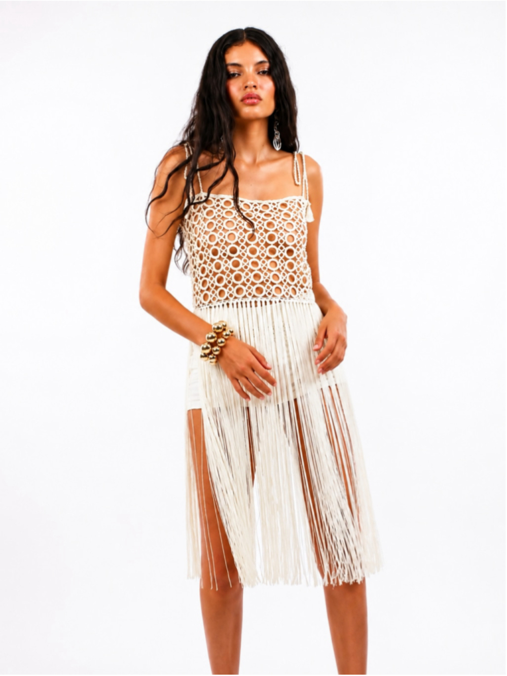 My Beachy Side Crochet Fringe Swim Coverup Resort Dress Tunic Top Small Ivory